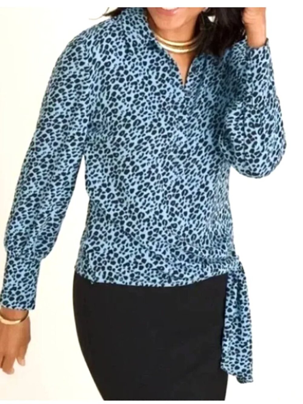 Chico's Blue Black Animal Print Tie Waist Blouse size 2